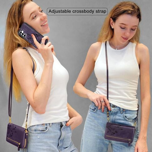 Lacass for Samsung Galaxy A16 5G Wallet Case ، Crossbody dual zipper detachable wallet wallet cover cover strap strap 13 card slots money (floral wine red) in Kuwait