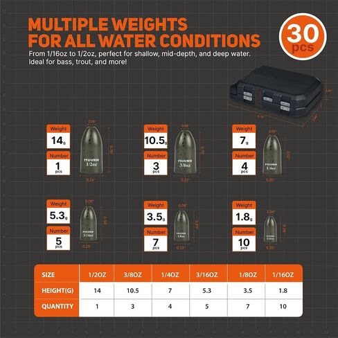 30Pcs Tungsten Bullet Fishing Weights Sinkers Kit, Tungsten Worm Weights Set Assortment Size with Fishing Tackle Box for Bass Fishing in Saudi Arabia