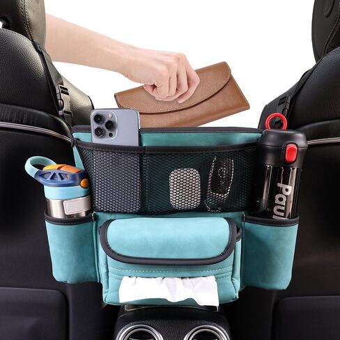 Car Purse & Handbag Holder Between Front Seats，Seat Back Organizers and Storage Bag with Tissue Hoder & 2 Cupholders & 3 Pockets for Car.(Grey) in Saudi Arabia