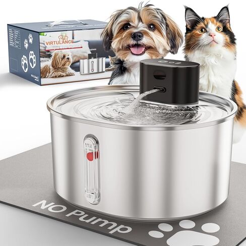 Pumpless Cat Water Fountain with 3 Filter - 3.2l/108oz Wireless Stainless Steel Pet Water Fountain, Cordless Automatic Cat Water Dispenser, Battery Operated Fountain with Motion Sensor, Ultra Quiet in Saudi Arabia