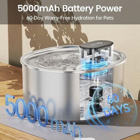 Pumpless Cat Water Fountain with 3 Filter - 3.2l/108oz Wireless Stainless Steel Pet Water Fountain, Cordless Automatic Cat Water Dispenser, Battery Operated Fountain with Motion Sensor, Ultra Quiet in Saudi Arabia