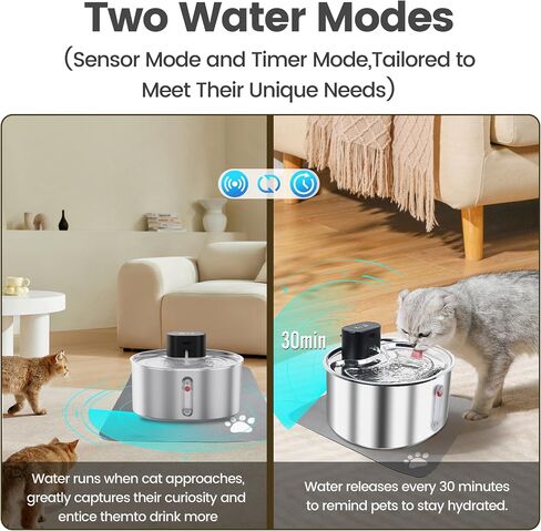 Pumpless Cat Water Fountain with 3 Filter - 3.2l/108oz Wireless Stainless Steel Pet Water Fountain, Cordless Automatic Cat Water Dispenser, Battery Operated Fountain with Motion Sensor, Ultra Quiet in Saudi Arabia
