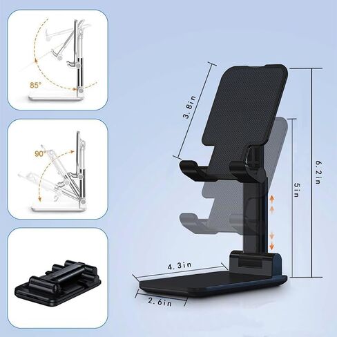 Adjustable Phone and Tablet Stand with Silicon Pad, Portable Foldable Design, Cell Phone Stand for Desk Fully Forldable Mobile Phone Holder Compatible with All Mobile Phones (Black) in Saudi Arabia