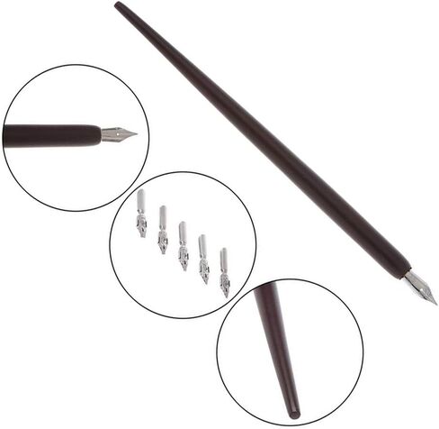 Wooden Calligraphy Dip Pen, Wood English Calligraphy Pen Copperplate Script Oblique Dip Pen Holder with 5 Different Nibs, Black in Saudi Arabia