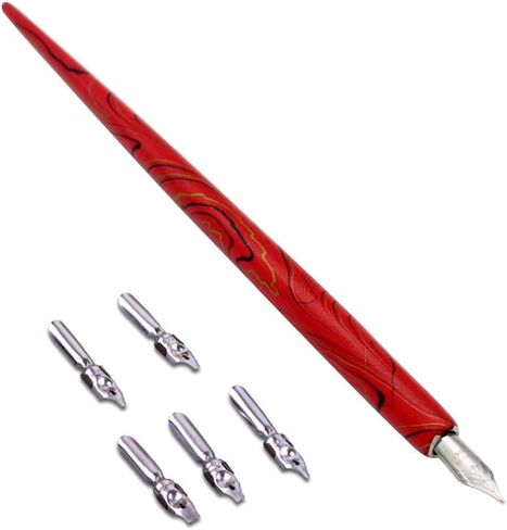 Wooden Calligraphy Dip Pen, Wood English Calligraphy Pen Copperplate Script Oblique Dip Pen Holder with 5 Different Nibs, Black in Saudi Arabia