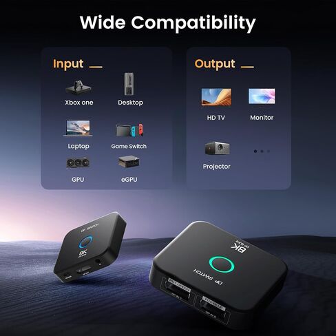 8K Display Port Switcher 2 in 1 Out, NEWCARE DisplayPort Splitter with Remote, DisplayPort Switch Supports 8K@60Hz 4K@120Hz DP 1.4, Display Port Switch Compatible with PC Laptop Monitor TV in Kuwait