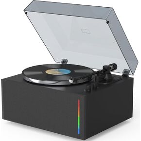Turntables All-in-1 Vinyl Record Players with 2 Tweeter & 2 Bass HiFi Stereo Speakers Belt Drive Phono Preamp ATN-3600L MM Cartridge BT Wireless Aux-in RCA Line Auto Off Colored Light Strip Pure Black
