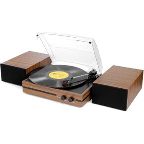 Retro Vinyl Record Player Bluetooth Desktop Phonograph Belt-Drive Turntable with External Speakers,Dual Stereo Speakers LP Players AUX Headphone Input RCA Out, 3 Speeds 3 Sizes Wood Brown