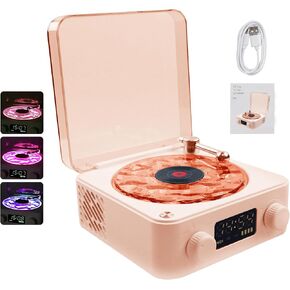 AVIF Wave Vinyl Bluetooth Speaker with Adjustable Ambient Lights,Music Player with 4 Modes,Vintage Record Model Players with Time,Small Record Player for Room Desk,Waves Speaker (Pink)