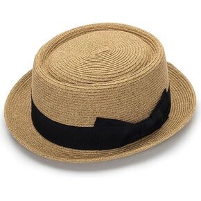 Pork-Pie-Hat-for-Men-Women Straw-Boater-Hat - Classic Boater Derby Sun Hats with Grosgrain Band