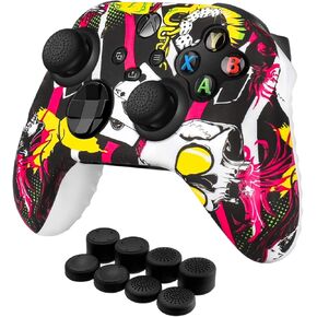 TNP Silicone Case Cover for Xbox Series X/S Controller Skin Shell + 8 Pro Thumb Grips Set (Grafitti) Ergonomic Textured Grip Dust Protector Compatible with New Xbox Series S X Controller Accessories