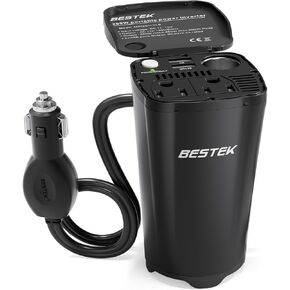 BESTEK 200W Car Power Inverter, Car Plug Adapter Outlet Converter with 2 AC Outlets, Dual 4.5A USB Charging Ports, Cup Holder Car Inverter with Cigarette Lighter Socket for Laptop, Computer