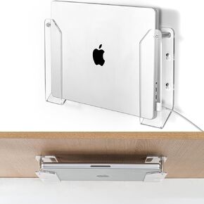 Clear Acrylic Laptop Holder Vertical - Space-Saving Wall/Under Desk Mount with Cable Slots, Supports 1.26" Thick Devices, Compatible with iPad/MacBooks/Surface, Adhesive & Screw Installation