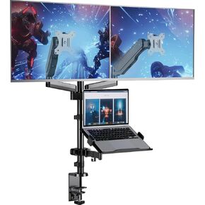 WALI Free Standing Dual Monitor and Laptop Stand, Height Adjustable Laptop Mount with Glass Base, Monitor Mount Fits up to 27 inch Monitors and 17 inch Laptops (GMF003LP), Black