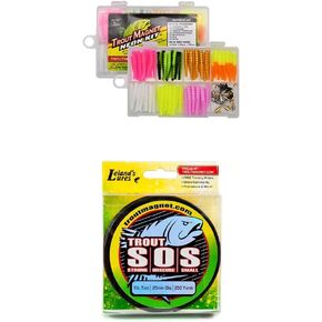Trout Magnet 82 Piece Neon Fishing Kit, Catches All Types of Fish, Includes 70 Grub Bodies and 12 Si & Leland's Lures S.O.S. Fishing Line, Fishing Equipment and Accesories, 350 yd, 4 lb Test