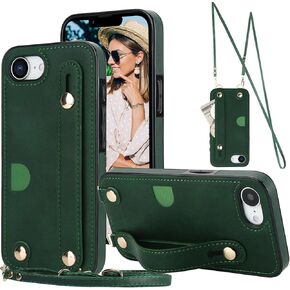 Crossbody Wallet Case for Apple iPhone 16e (Not 16) with Wrist Strap, Removable Adjustable Shoulder Lanyard, PU Leather Cover with Cash Slot for iPhone 16e XK-Rose Gold
