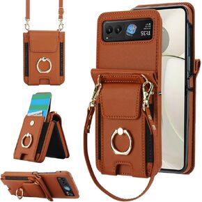 Phone Case for Motorola Razr 40/Moto Razr 2023 Wallet Cover With Ring and Crossbody Wrist Strap Lanyard Credit Card Holder Slot Stand XT2323-6 Razor Razer Razr2023 Razr40 Women Men Girls Purple