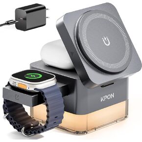KPON for iPhone Nightstand Charging Station,15W 3 in 1 Wireless Charger Stand with Night Lamp,Travel Foldable Cube Magsafe Dock for iPhone 16 15 14 13 12 Series/Apple Watch/Airpods/Samsung Phone