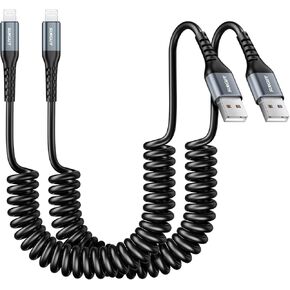 SUNGUY Coiled USB to Lightning Cable for Car, 2-Pack 3FT [MFi Certified] Retractable iPhone Charger Cable, Fast Charging CarPlay Cable for iPhone 14/13/12/11 Pro Max/XS MAX/XR/XS/iPad/iPod