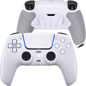 eXtremeRate Luna Redesigned White Silver Carbon Fiber Front Shell Compatible with ps5 Controller BDM-010 020 030 040 050, Rubberized 4 Back Buttons RISE4 Remap Kit for PS5 Controller BDM-010 BMD-020