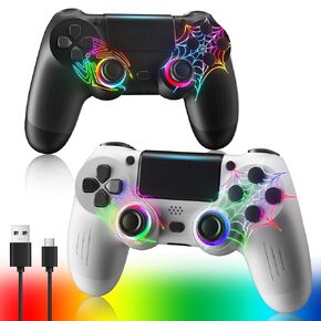 Hittoliy Wireless Dual Controller Set for PS4 - RGB Controllers with Black & White Spider Pattern, 6-Axis Gyro, Type-C Charging, Dual Vibration, and 3.5mm Audio Jack