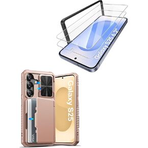 for Samsung Galaxy S25 Case with HD Tempered Glass Screen Protector [2 Pack], Build-in Card Holder, Slide Camera Cover, Military Grade Protection, Hard Case for Galaxy S25 6.2", Rose Gold
