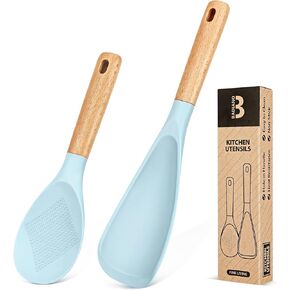 Cooking Spoon and Rice Scooper for Nonstick Cookwares, Great for Cooking and Serving Sturdy BPA-Free Matte Silicone, Wood Handle Spoon for Mixing, Scoop, and Scrape (Black)