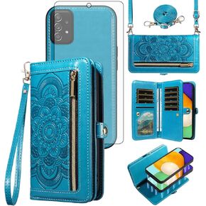 Asuwish Phone Case for Samsung Galaxy A52/A52S 5G Zipper Wallet Detachable Cell Cover with Tempered Glass Screen Protector Crossbody Strap Flower Credit Card Holder A 52 S 4G G5 52A S52 52S Women Blue