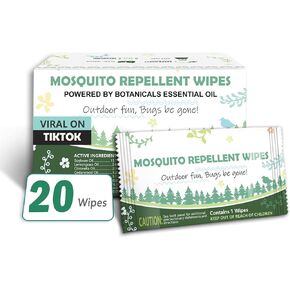 Natural Mosquito Repellent Wipes, DEET Free Insect & Bug Repellent Wipes, Easy to Use, Long Lasting, Travel Sized, 20 Packs