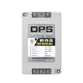 ﻿DPS Single to 3 Phase Converter, My-PS-7.5 Model is Used for a 5HP(3.7kW) 15Amps 200-240V 3 Phase Motor, Input/Output 200V-240V, UL/CE Certified
