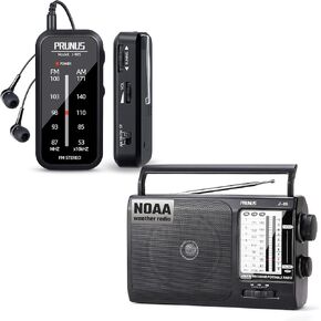 PRUNUS J-985 AM FM Pocket Radio with Back Clip&PRUNUS J-05 AM FM NOAA Weather Portable Radio