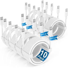 10Pack USB C to USB C Cable for iPhone 16/15 Pro Max,Type C 60W Fast Charging Cord [1FTx2/3FTx3/6FTx3/10FTx2 Bulk] PD 3.0 Compatible for MacBook Pro/Air iPad, Samsung S25/S24, AirPods