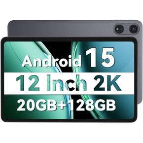 Android 15 Tablet 12 inch Tablet with 2000x1200 2K Display, 20GB RAM 128GB ROM 2TB Expand, T615 Octa-Core Processor, 8000mAh, Widevine L1, GPS, BT5.2, WiFi 5, MP Dual Camera (Black)
