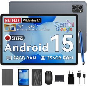 Tablet 2025 Latest Android 15 Tablets with 10.1 Inch Incell Display, 24GB RAM 256GB ROM /2TB TF, Gemini AI, T606 Octa-Core+8MP Camera, 5000mAh, Widevine L1, 2 in 1 Tablets with Keyboard Mouse Stylus