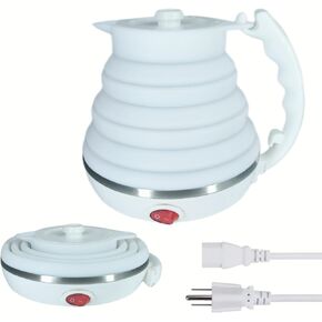 Travel Kettle Electric, Portable Travel Tea Kettle Small, Ultra-thin Collpasible Electric Kettle, Food Grade Silicone Foldable, Auto Shut off and Keep Warm, 110V 555ml (White)