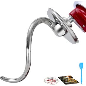 Premium Polished Stainless Steel 6qt Smooth Spiral Dough Hook Attachment Perfectly Fits KitchenAid 5-6qt Bowl-Lift Stand Mixers, Uncoated Dough Hook Anti-Oxidation, Dishwasher Safe, Spatula&Recipes