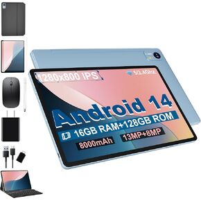 Android 14 Tablet with Keyboard，16GB RAM 128GB ROM 1TB Expand, 8000mAh Battery, 10.1 Inch Tablet with 13MP+8MP Camera/Bluetooth/GPS/WiFi/HD Display (Dark Gray)
