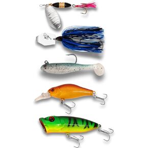 5pc Fishing Lure Set with Assorted Lures, TopWater, ChatterBait, Spinner, CrankBait, Soft Swim Jig, for Most Fishing Scenario's, Grab & Go Lure Box