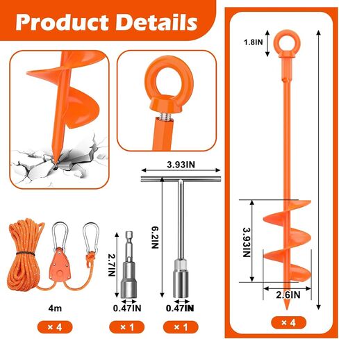 Shed Anchor Kit, 4 Pack 18" Screw in Tent Stakes Heavy Duty Kit, Earth Anchors Heavy Duty with 4 Strong Straps for High Winds, Spiral Trampoline Stakes for Tent Sheds Canopy Gazebo Swing Set （Orange） in Saudi Arabia
