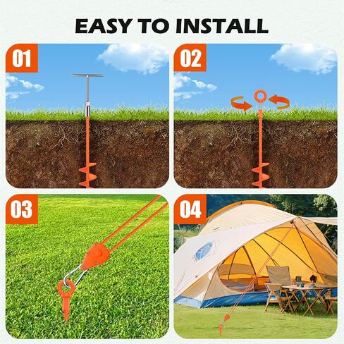 Shed Anchor Kit, 4 Pack 18" Screw in Tent Stakes Heavy Duty Kit, Earth Anchors Heavy Duty with 4 Strong Straps for High Winds, Spiral Trampoline Stakes for Tent Sheds Canopy Gazebo Swing Set （Orange） in Saudi Arabia
