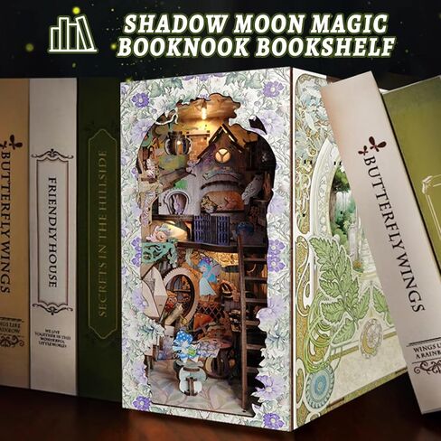 Book Nook Kit for Adults, 3D Wooden Puzzle DIY Miniature House Kit for Bookshelf Insert Decoration, DIY Dollhouse Bookend Tiny House for led (Shadow Moon Magic) in Saudi Arabia