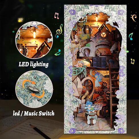 Book Nook Kit for Adults, 3D Wooden Puzzle DIY Miniature House Kit for Bookshelf Insert Decoration, DIY Dollhouse Bookend Tiny House for led (Shadow Moon Magic) in Saudi Arabia