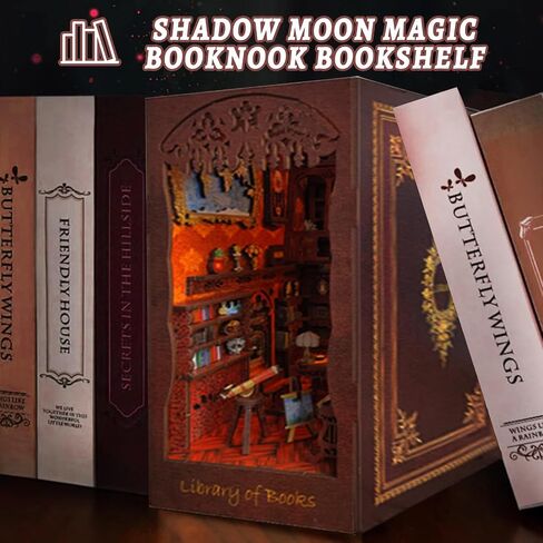 Book Nook Kit for Adults, 3D Wooden Puzzle DIY Miniature House Kit for Bookshelf Insert Decoration, DIY Dollhouse Bookend Tiny House for led (Shadow Moon Magic) in Saudi Arabia