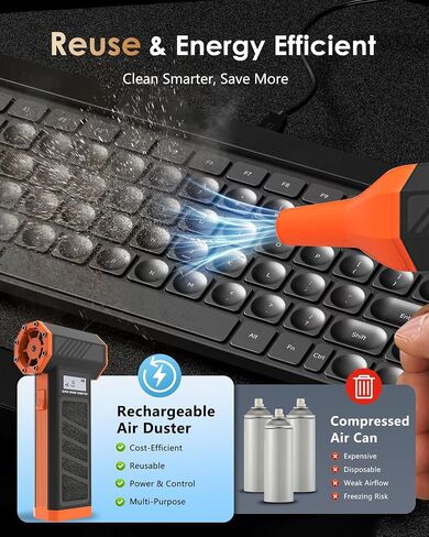 جهاز Duster Air Air - Ovvgo مضغوط هواء هواء من منفاخ الهواء اللاسلكي القابل لإعادة شحنه ، 130000 دورة في الدقيقة 4 -GEAR قابلة للتعديل مع منفار LED محمول لتنظيف لوحة مفاتيح الكمبيوتر في الهواء الطلق in Kuwait