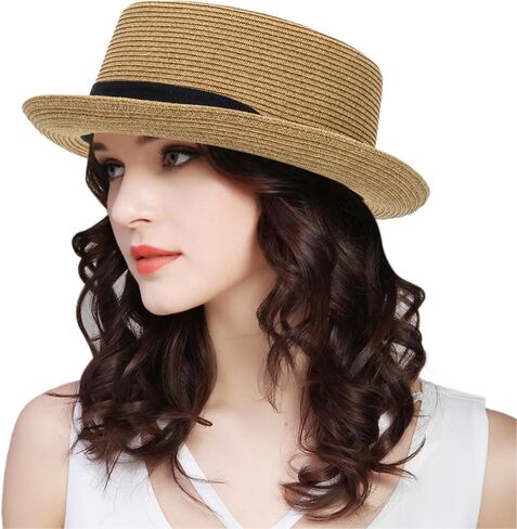 Pork-Pie-Hat-for-Men-Women Straw-Boater-Hat - Classic Boater Derby Sun Hats with Grosgrain Band in Saudi Arabia