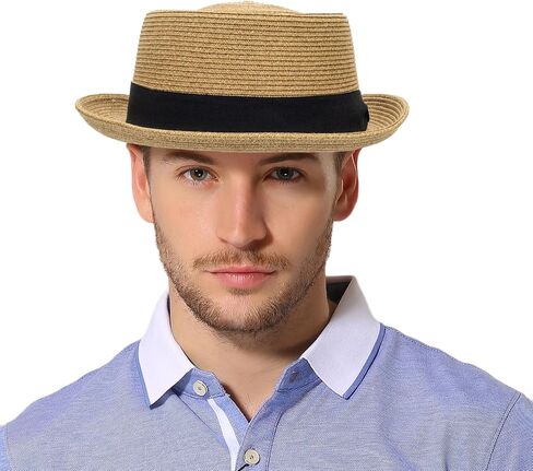 Pork-Pie-Hat-for-Men-Women Straw-Boater-Hat - Classic Boater Derby Sun Hats with Grosgrain Band in Saudi Arabia