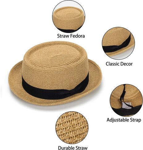 Pork-Pie-Hat-for-Men-Women Straw-Boater-Hat - Classic Boater Derby Sun Hats with Grosgrain Band in Saudi Arabia