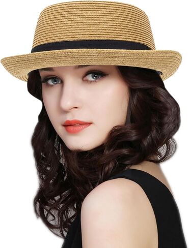 Pork-Pie-Hat-for-Men-Women Straw-Boater-Hat - Classic Boater Derby Sun Hats with Grosgrain Band in Saudi Arabia