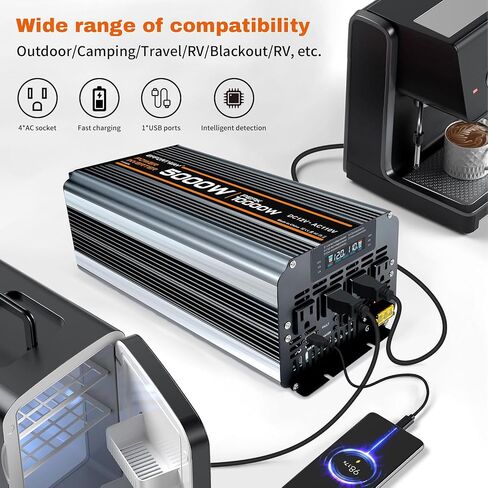 5000 watt Power Inverter DC 12V to AC 110V/120V Converter,10000w Peak.Comes with LCD Display,Wireless Controller, 4AC outlets,1USB.RV Inverter,Suitable for Camping,and Off-Grid Solar Inverter Systems in Saudi Arabia
