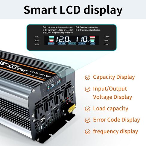 5000 watt Power Inverter DC 12V to AC 110V/120V Converter,10000w Peak.Comes with LCD Display,Wireless Controller, 4AC outlets,1USB.RV Inverter,Suitable for Camping,and Off-Grid Solar Inverter Systems in Saudi Arabia